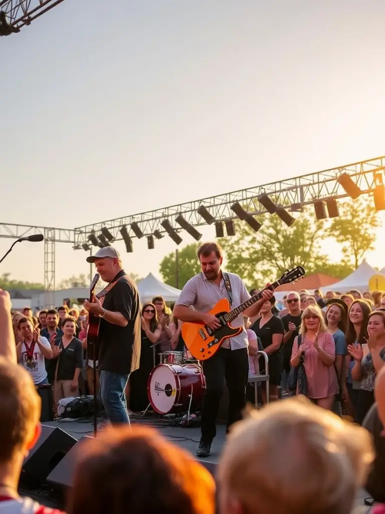 A vibrant photograph capturing a live musical performance at a L'OCTAVE event, showcasing musicians on stage with an engaged audience in the background, emphasizing the energy and community involvement.