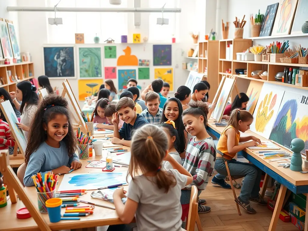 A photograph of an art workshop organized by L'OCTAVE, featuring participants of various ages engaged in creating artwork under the guidance of an instructor.