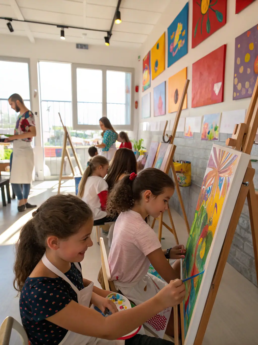 A dynamic image of an art workshop organized by L'OCTAVE, featuring participants actively engaged in creating artwork, with instructors providing guidance and support, highlighting the organization's commitment to artistic education.