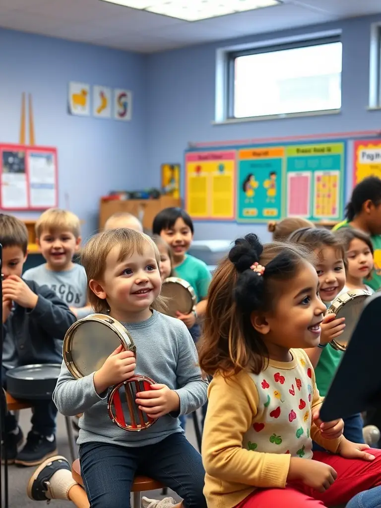 A heartwarming image of a children's music program organized by L'OCTAVE, featuring kids playing musical instruments and singing together, highlighting the organization's dedication to nurturing young talents and promoting music education.