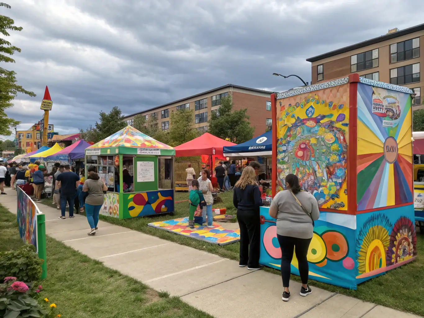 A photograph of a community cultural festival organized by L'OCTAVE, showing diverse groups of people enjoying various artistic displays, food stalls, and performances in a public space.