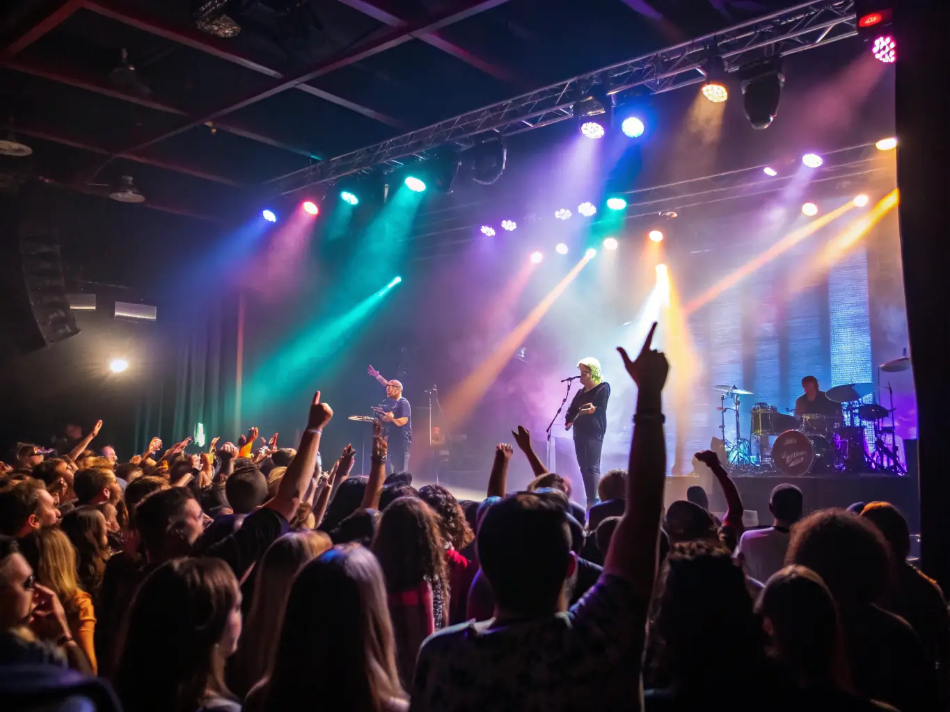 A vibrant photograph capturing the energy of a live music performance at an L'OCTAVE event, showcasing musicians on stage and an engaged audience in an intimate setting.
